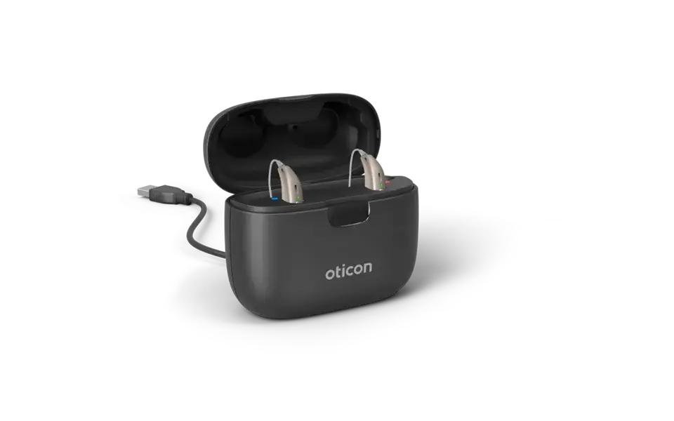 The Oticon charger combines sleek design with powerful charging capabilities, providing a reliable and efficient power source for your hearing aid devices.